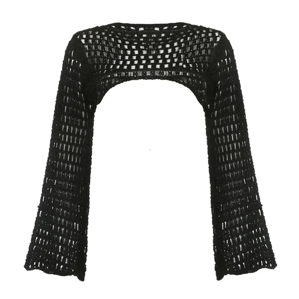 Summer Crochet Knit Hollow Out Crop Top Women Y2k Sexy Blouse Shirts Long Flared Sleeve Sweater Cover Ups Streetwear Pullovers