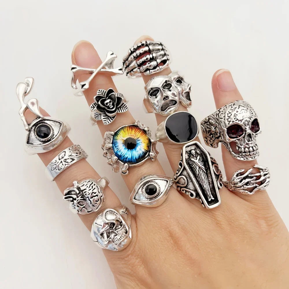 10/20/30/50Pieces Punk Gothic Eye Skull Rings Set For Women Men Mix Style Vintage Butterfly Jewelry Party Gifts