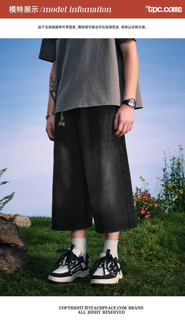 Men's 2026 Summer American High Street Retro Gradient Washed Denim Shorts Lazy Youth Trendy Ins New Versatile Casual Capri Pants