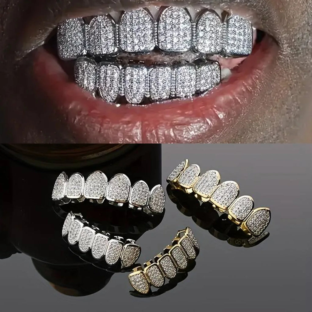 Fit Silver Plated CZ Teeth Set For Unisex Top Bottom Mouth Gold Silver Color Teeth Tooth Cap Removable HipHop Fashion Jewelry