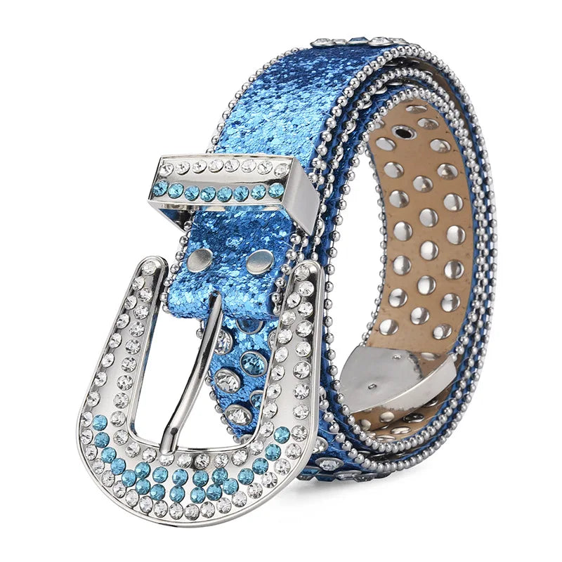 Men's Women's Fashion Rhinestone Belt Western Cowgirl Bling Studded Design Leather Diamond Waistband For Jeans Dress