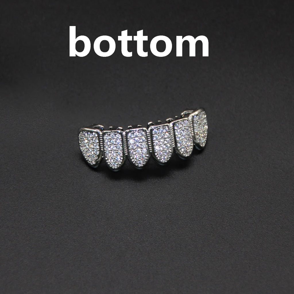 Fit Silver Plated CZ Teeth Set For Unisex Top Bottom Mouth Gold Silver Color Teeth Tooth Cap Removable HipHop Fashion Jewelry