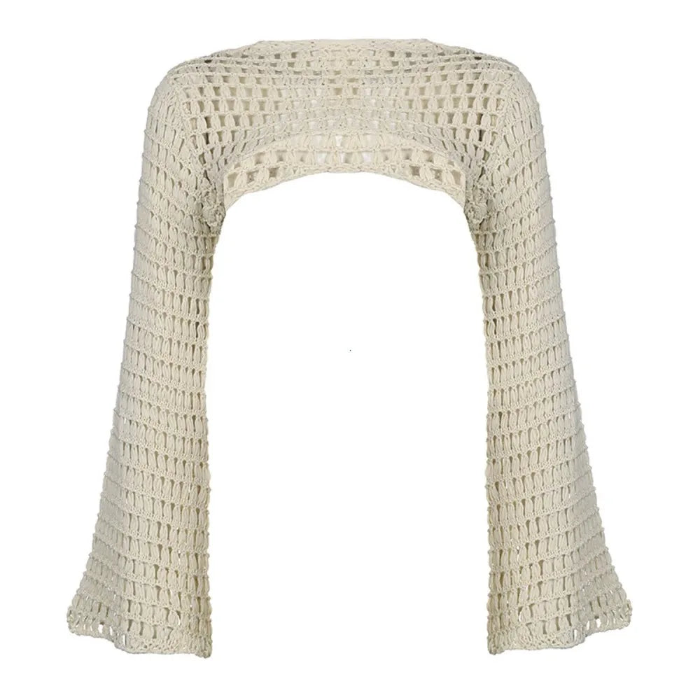 Summer Crochet Knit Hollow Out Crop Top Women Y2k Sexy Blouse Shirts Long Flared Sleeve Sweater Cover Ups Streetwear Pullovers