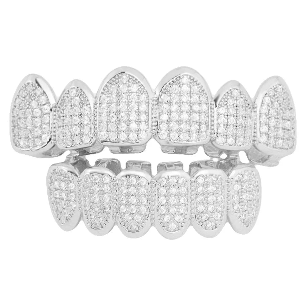 Fit Silver Plated CZ Teeth Set For Unisex Top Bottom Mouth Gold Silver Color Teeth Tooth Cap Removable HipHop Fashion Jewelry