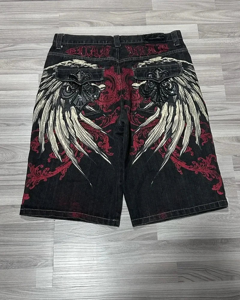 2026 American Summer New Fashion Pattern Embroidery Loose Denim Shorts Men Y2K Harajuku Hip Hop Popular Casual Wide-leg Shorts