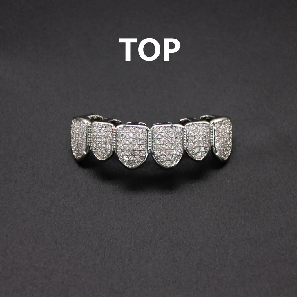 Fit Silver Plated CZ Teeth Set For Unisex Top Bottom Mouth Gold Silver Color Teeth Tooth Cap Removable HipHop Fashion Jewelry