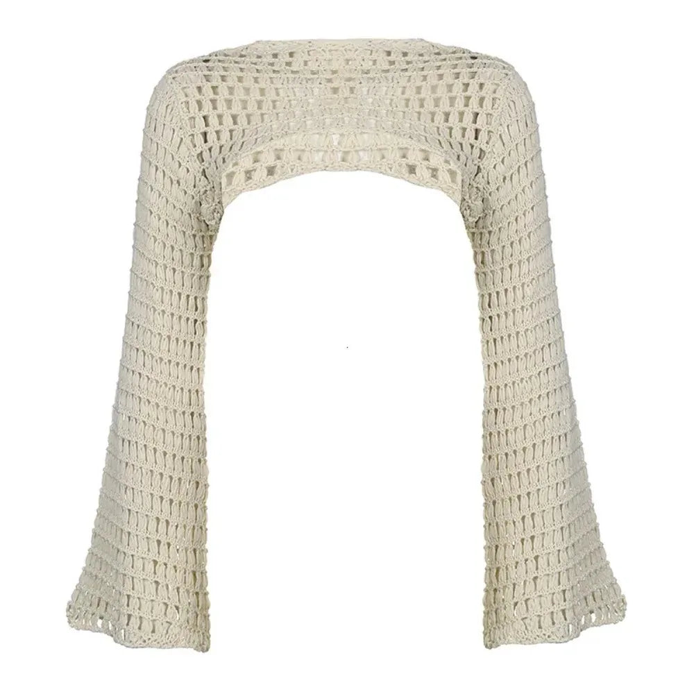 Summer Crochet Knit Hollow Out Crop Top Women Y2k Sexy Blouse Shirts Long Flared Sleeve Sweater Cover Ups Streetwear Pullovers
