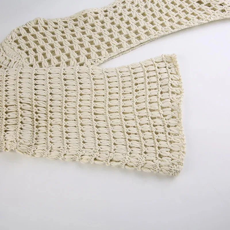 Summer Crochet Knit Hollow Out Crop Top Women Y2k Sexy Blouse Shirts Long Flared Sleeve Sweater Cover Ups Streetwear Pullovers