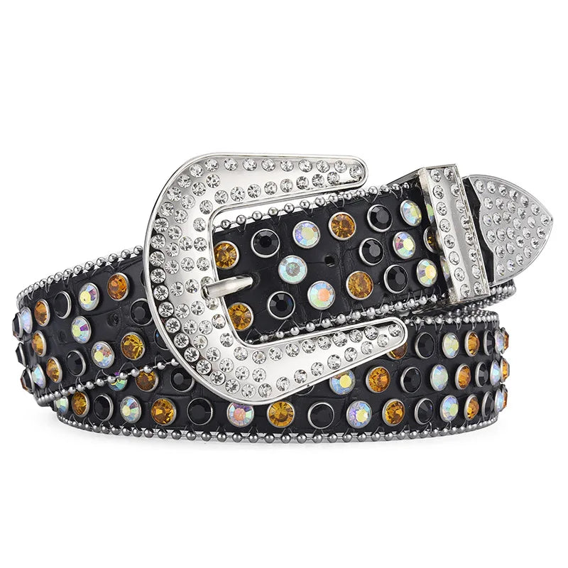 Men's Women's Fashion Rhinestone Belt Western Cowgirl Bling Studded Design Leather Diamond Waistband For Jeans Dress