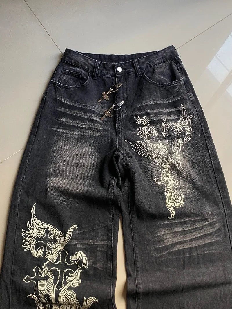 American Vintage New Pattern Printing Black Baggy Jeans Men Y2K Gothic Harajuku Hip Hop Popular Casual Joker Wide-leg Pants