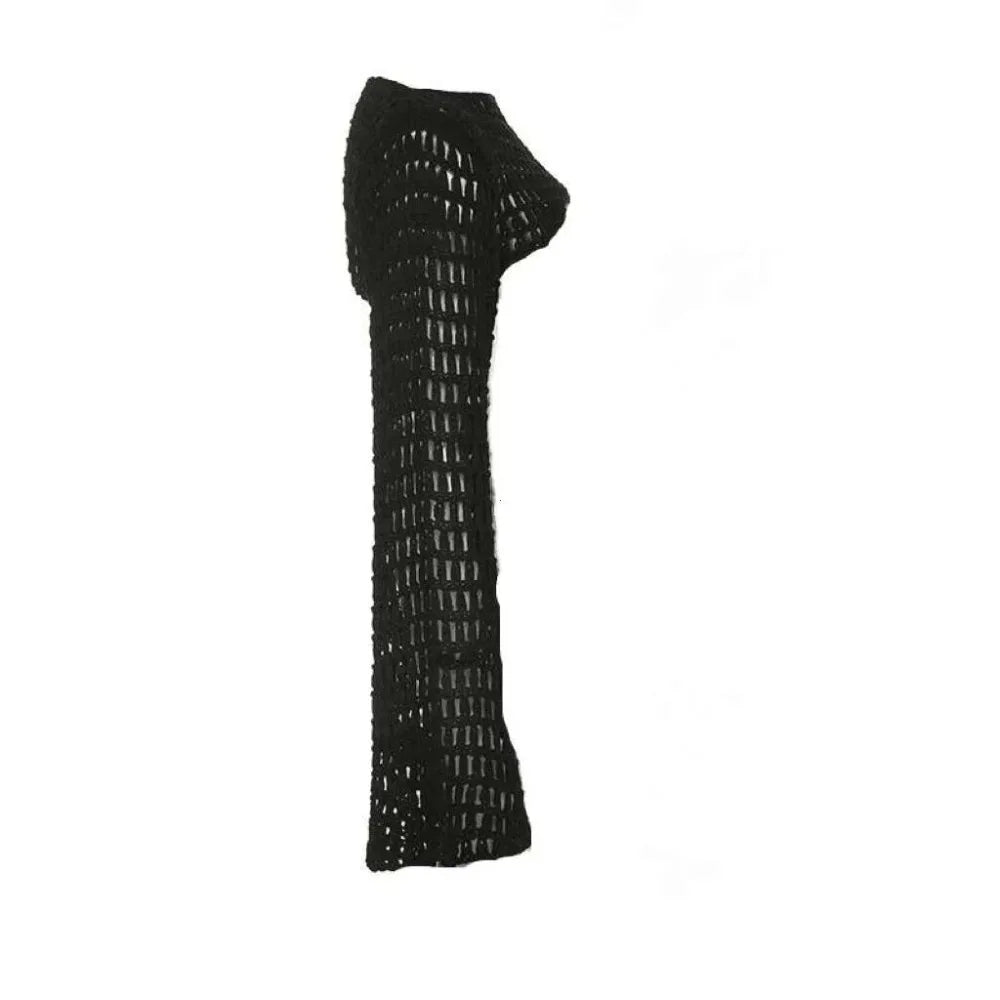 Summer Crochet Knit Hollow Out Crop Top Women Y2k Sexy Blouse Shirts Long Flared Sleeve Sweater Cover Ups Streetwear Pullovers