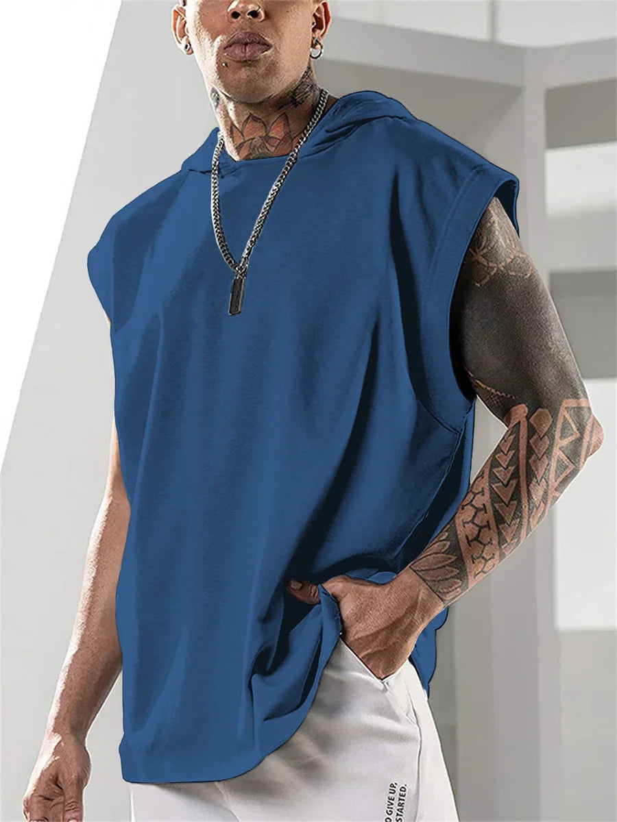 2025 Summer New High Quality Men's Sleeveless Hooded Sweatshirt Loose Vest Fitness Sports Leisure Street Vest M-3XL Size