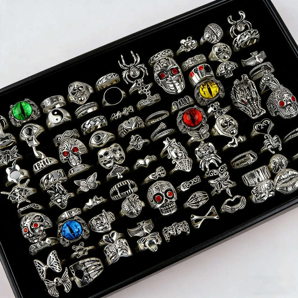 10/20/30/50Pieces Punk Gothic Eye Skull Rings Set For Women Men Mix Style Vintage Butterfly Jewelry Party Gifts