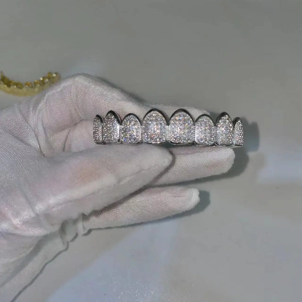 Fit Silver Plated CZ Teeth Set For Unisex Top Bottom Mouth Gold Silver Color Teeth Tooth Cap Removable HipHop Fashion Jewelry