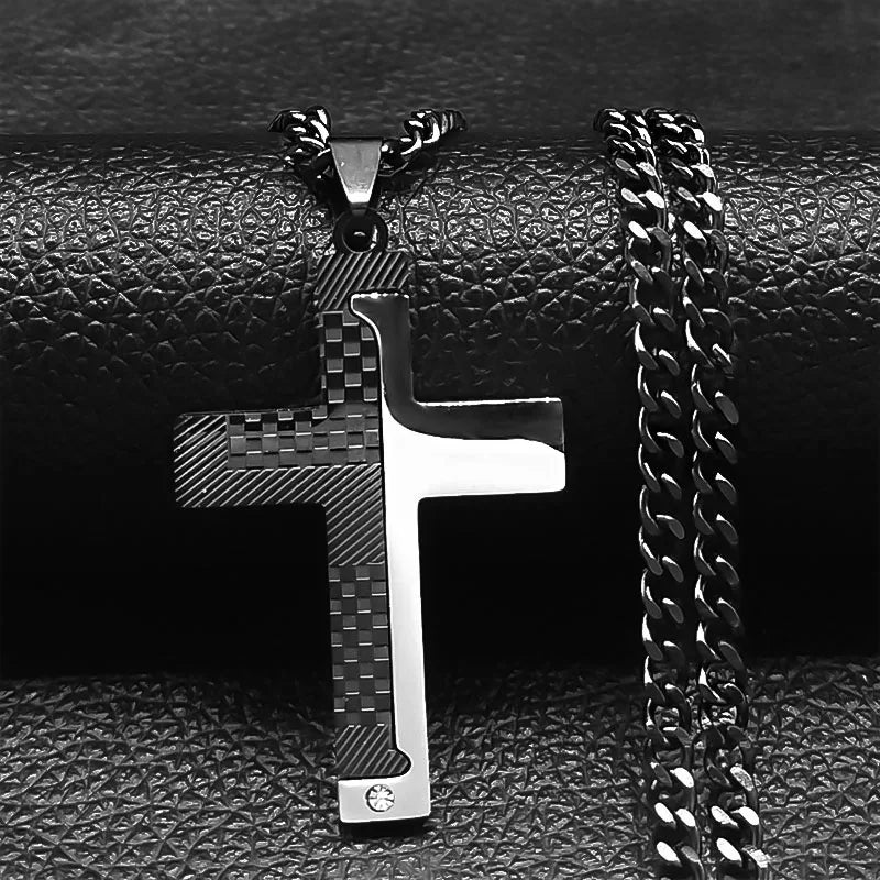Goth Stainless Steel Cross Pendant Necklace Biker Men Punk Black Silver Color Crucifixion Crystal Necklace Hip Hop Jewelry N6337