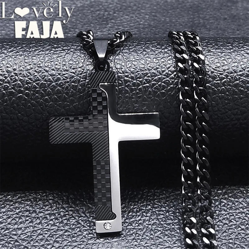 Goth Stainless Steel Cross Pendant Necklace Biker Men Punk Black Silver Color Crucifixion Crystal Necklace Hip Hop Jewelry N6337