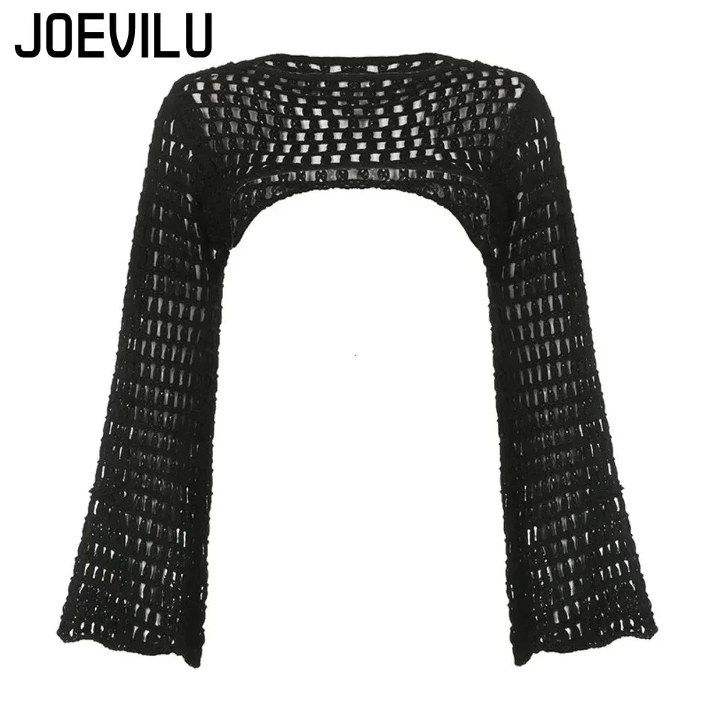 Summer Crochet Knit Hollow Out Crop Top Women Y2k Sexy Blouse Shirts Long Flared Sleeve Sweater Cover Ups Streetwear Pullovers