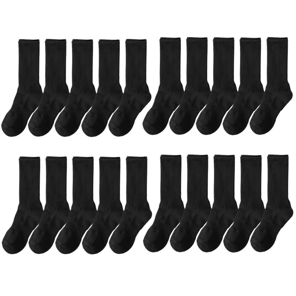 20Pairs Men's Pure Cotton High Socks Classic Black/White Breathable Sweat-Absorbent Warm Elastic Sports Crew Socks
