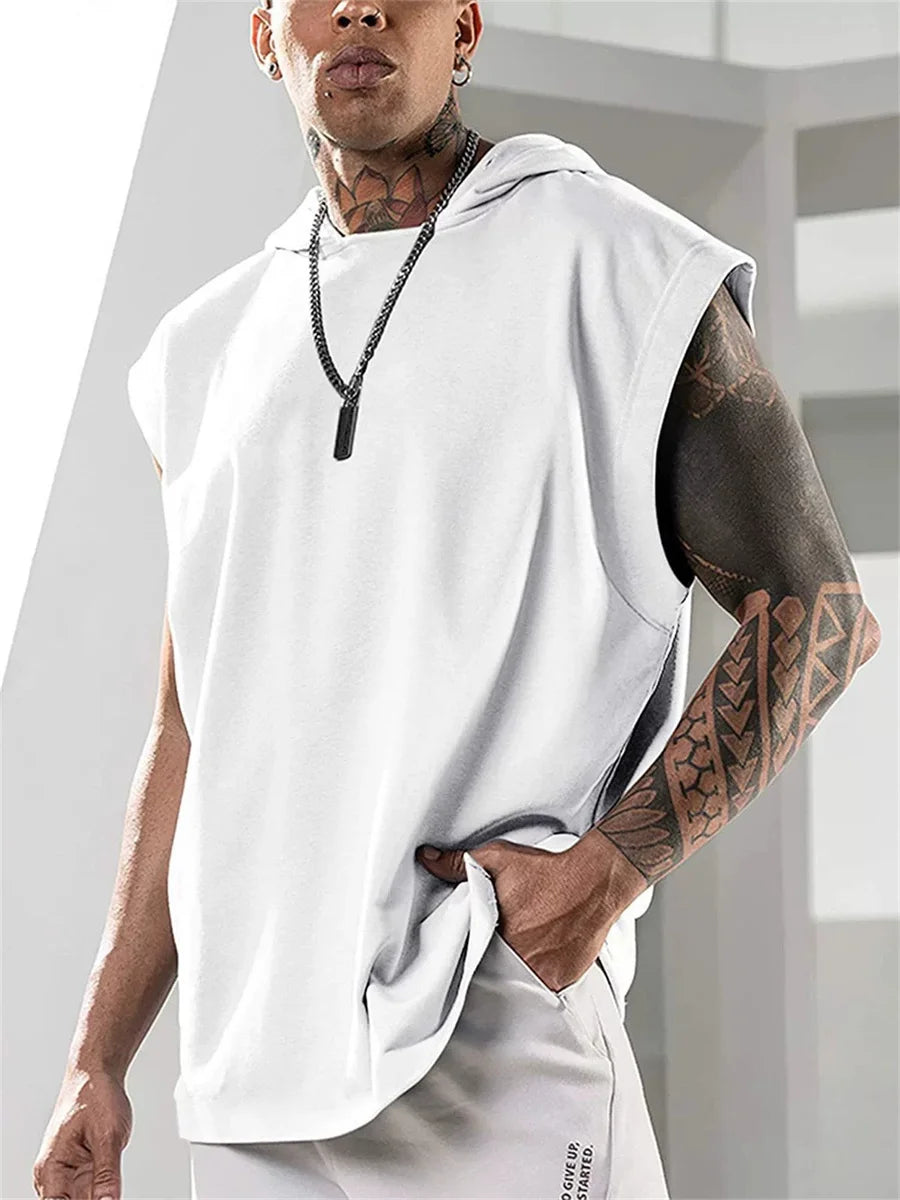 2025 Summer New High Quality Men's Sleeveless Hooded Sweatshirt Loose Vest Fitness Sports Leisure Street Vest M-3XL Size