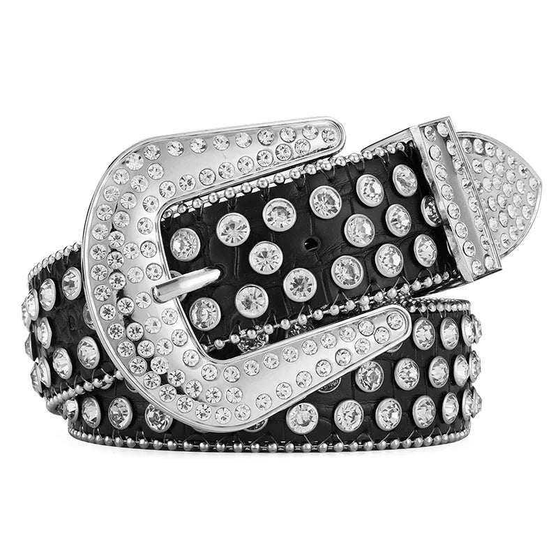 Men's Women's Fashion Rhinestone Belt Western Cowgirl Bling Studded Design Leather Diamond Waistband For Jeans Dress