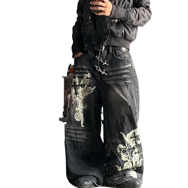 American Vintage New Pattern Printing Black Baggy Jeans Men Y2K Gothic Harajuku Hip Hop Popular Casual Joker Wide-leg Pants