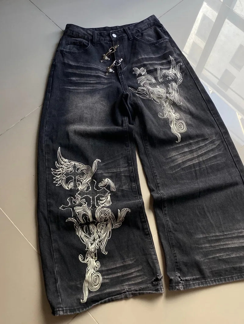 American Vintage New Pattern Printing Black Baggy Jeans Men Y2K Gothic Harajuku Hip Hop Popular Casual Joker Wide-leg Pants