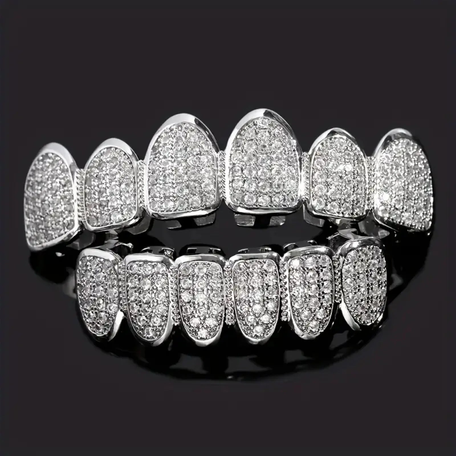 Fit Silver Plated CZ Teeth Set For Unisex Top Bottom Mouth Gold Silver Color Teeth Tooth Cap Removable HipHop Fashion Jewelry