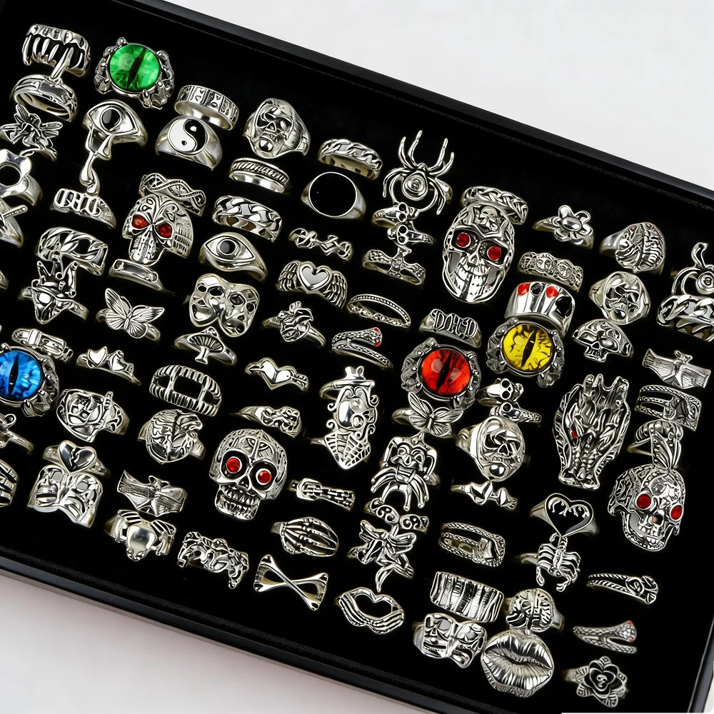 10/20/30/50Pieces Punk Gothic Eye Skull Rings Set For Women Men Mix Style Vintage Butterfly Jewelry Party Gifts