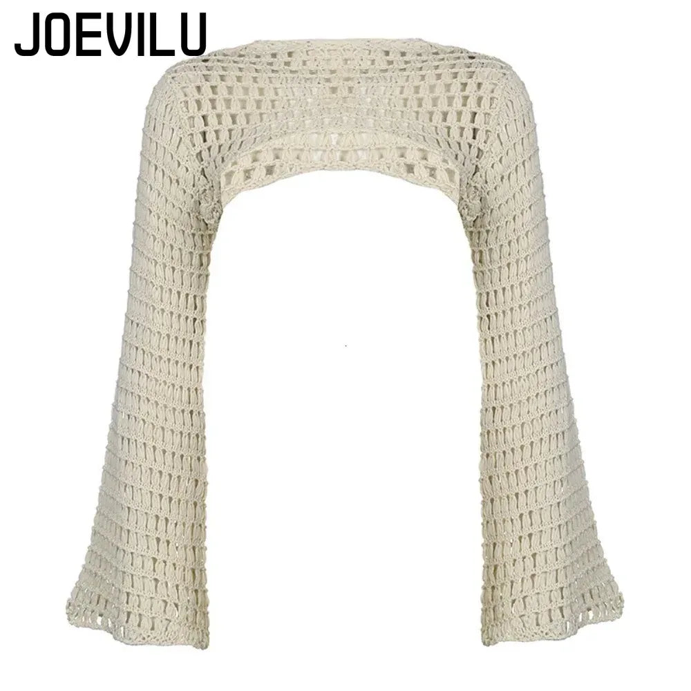 Summer Crochet Knit Hollow Out Crop Top Women Y2k Sexy Blouse Shirts Long Flared Sleeve Sweater Cover Ups Streetwear Pullovers