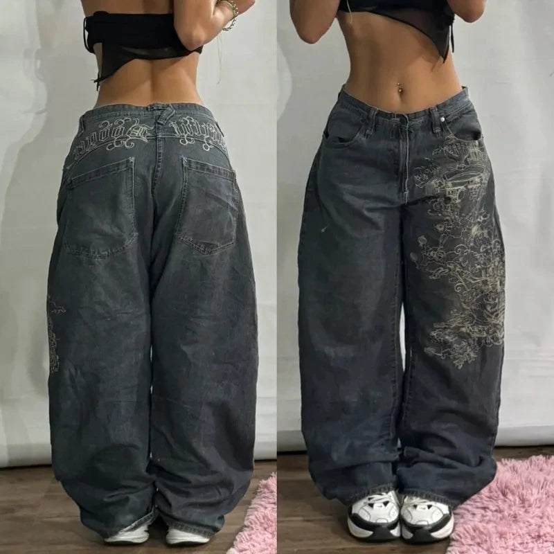 American Vintage New Pattern Printing Black Baggy Jeans Men Y2K Gothic Harajuku Hip Hop Popular Casual Joker Wide-leg Pants