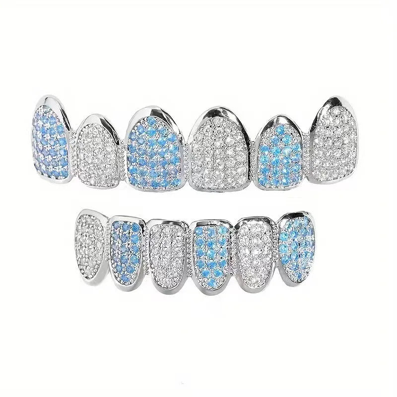 Fit Silver Plated CZ Teeth Set For Unisex Top Bottom Mouth Gold Silver Color Teeth Tooth Cap Removable HipHop Fashion Jewelry